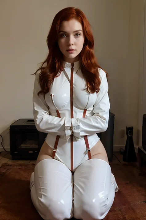 gorgeous late 20s pin-up model, long red hair, white latex, bound in straitjacket, no hands, no fingers, kneeling knees together...