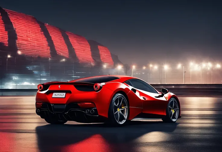 (Best quality, 8K, Masterpiece :1.2), Ultra photo realsisim, onthe mountain, Detailed red Ferrari 488, Speeding on highways, (Facing the audience), Blue skyscraper in background, At night,