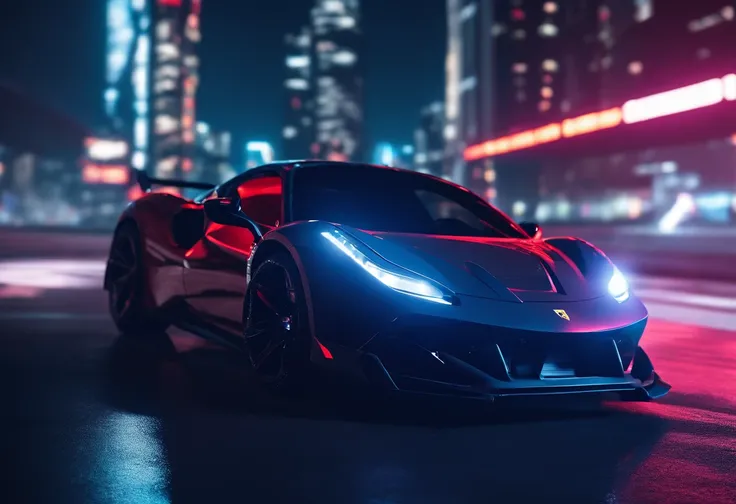 (Best quality, 8k, Masterpiece :1.2), hyper realistic, at a mountain, an detailed red Ferrari 488, Speeding on the highway, (Facing the audience), The blue skyscraper in the background, at night,