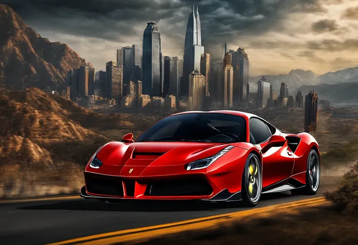 (Best quality, 8k, Masterpiece :1.2), hyper realistic, at a mountain, an detailed red Ferrari 488, Speeding on the highway, (Facing the audience), The blue skyscraper in the background, at night,