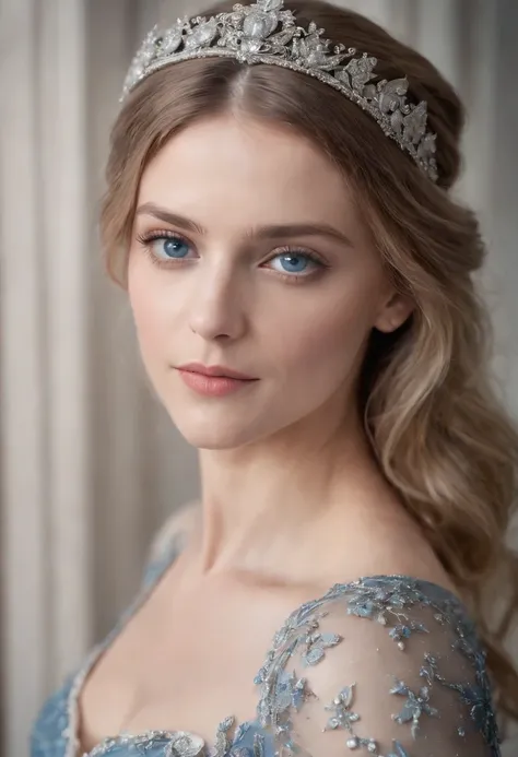 Full-body shot of a noble female in her 20s, inspired by Melanie Laurent, silver circlet, black modern royal clothes with silver details, bright silvery blue eyes and pale white skin, ultra sharp focus, realistic shot, in modern royal setting,