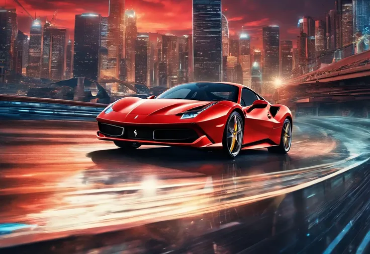 (Best quality, 8k, Masterpiece :1.2), hyper realistic, at a mountain, an detailed red Ferrari 488, Speeding on the highway, (Facing the audience), The blue skyscraper in the background, at night,