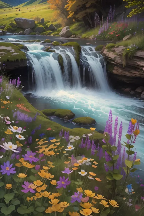 Between mountains, There is a waterfall flowing down the middle, steins, water bloom. wildflowers, ancient wood,