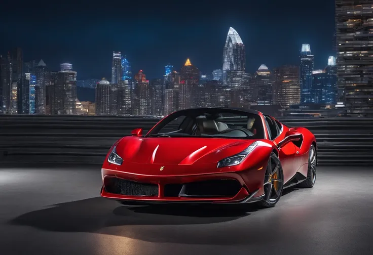 (Best quality, 8k, Masterpiece :1.2), hyper realistic, at a mountain, an detailed red Ferrari 488, Speeding on the highway, (Facing the audience), The blue skyscraper in the background, at night,