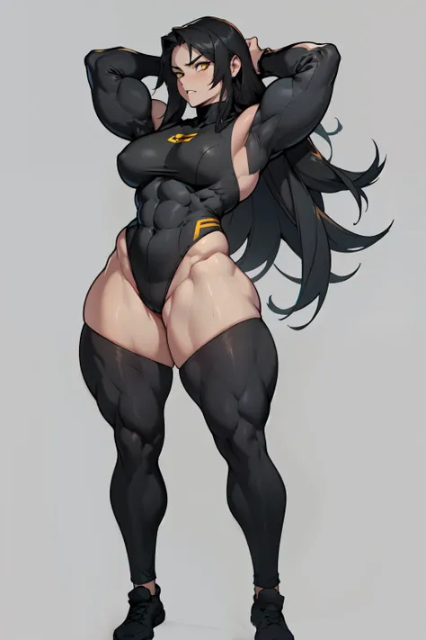 ((grey background))  pale skin black hair yellow eyes (very long hair) angry ((1 girl muscular toned body bodybuilder curvy wide hips thick thighs)) (full body solo) standing (long sleeves leotard arms over head )