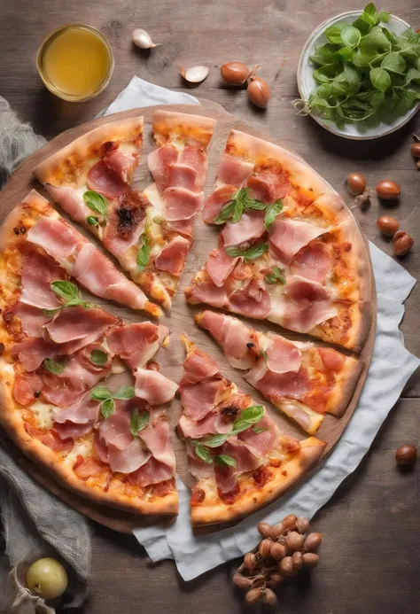 pizza de jamon y morrones, con panceta crocante, servida en una bandeja de metal, en una mesa de madera, con un vaso transpirado de cerveza fria, con el fondo de una playa en el verano a las 14 hs