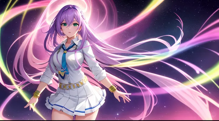 Athena with plain long light purple hair,hair between eyes,green eyes,rosy cheeks,full lips,thin eyebrows,slender body,wearing school uniform necktie and full long skirt,praying beads on neck,cute anime girl,full body,desert night sky nebulae in background...