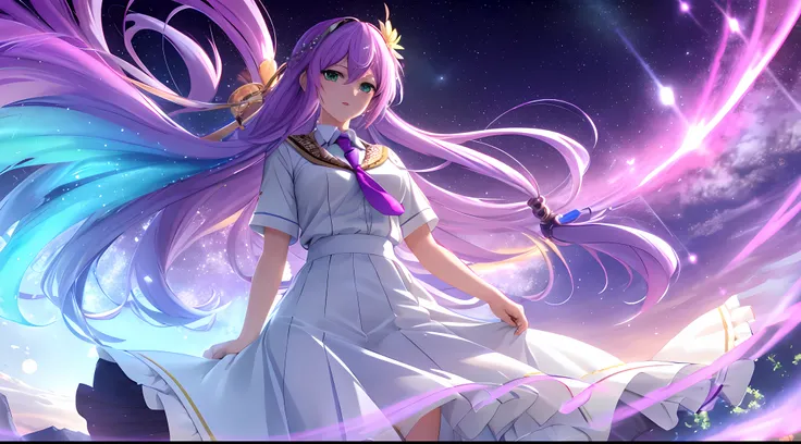 Athena with plain long light purple hair,hair between eyes,green eyes,rosy cheeks,full lips,thin eyebrows,slender body,wearing school uniform necktie and full long skirt,praying beads on neck,cute anime girl,full body,desert night sky nebulae in background...