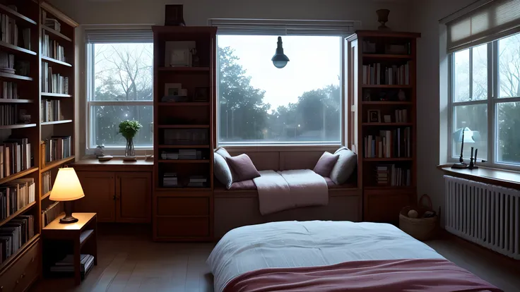 Cozy room, tidy bed, table, bookcase, window, moonlight, lamps, lamps, mood lighting, chair to sit