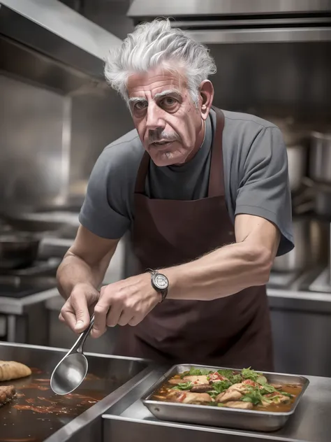 A raw, edgy, gritty street art style image of Anthony Bourdain, captured in real time commanding a chaotic professional kitchen, highlighting deep stainless steel reflectiions and intense contrasts, vintage grunge aesthetic, with an alluring presence, as h...