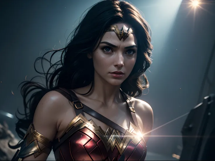 Scene from Movie, Wonder Woman from DC close-up, Distorted space, distorted undead in the background, lens flare glow, light shafts, Intricate details, high detal, voluminetric lighting, 4K rendering, stockphoto, Hyper-realistic, Realistic textures, Dramat...