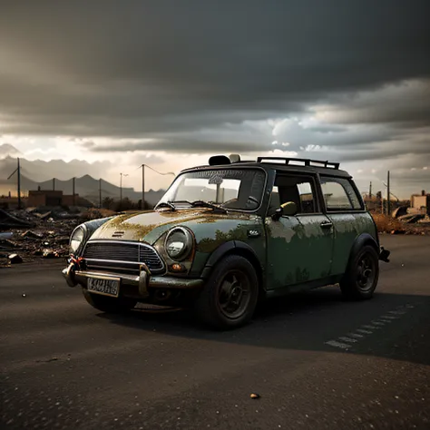 Rusty car, post-apocalypse city landscape, Mini Cooper , hyper realism, dramatic lighting, high detail, octane render, unreal engine 5, artstation, 8k, high contrast, very detailed, sharp, fine, high resolution, photo, dslr, 50 mm, f/32