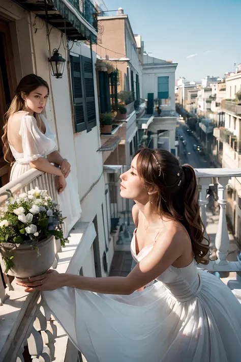 1 juliet woman 1 romeo man, woman in a stunning evening couture gown standing on a balcony, balcony lush with flower filled pots, a beautiful woman in white, wearing, elegant white dress, shot on canon eos r 5, shot on canon eos r5,, wearing a white flowin...