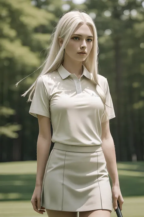 (((1girl in, age19, Solo, Aesthetic artwork, platinum blonde hair, long straight hair, detailed hair, full c cup breasts, c-cup, slender body, Full body, (skin pores:1.1), (detailed skin texture:1.2))), she is on a golf course, (wearing short golf skirt: 1...