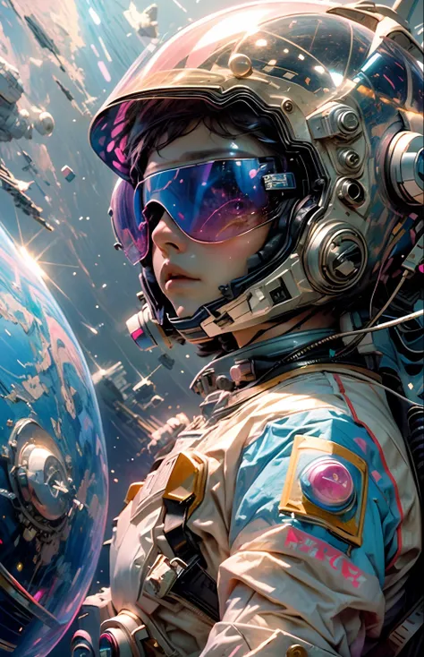 "((masterpiece)), best quality, pink, a delicate astronaut exploring a bubblegum world, light and space, a wide variety of pastel shades, All in high definition and detail, such as zero gravity, helmet visor displaying the universe, wearing black uv glasse...