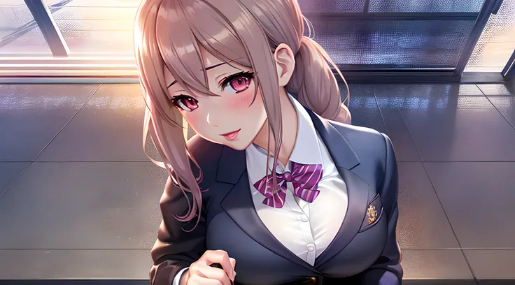 Animated image of woman in business suit, oppai, (SFW) safe for work, digital anime illustration, Smooth Anime CG Art, Realistic Schoolgirl, touching her clothes, visual novel cg, Wearing a strict business suit, with index finger, ; visual novel, semi real...