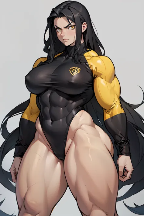 ((grey background))  pale skin black hair yellow eyes (very long hair) angry ((1 girl muscular toned body bodybuilder curvy wide hips thick thighs)) (solo) standing (long sleeves leotard)