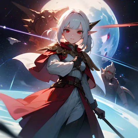 16 years old Elf girl with white hair and red eyes is galactic emperor with majestic military outfit, in the background are monsters.