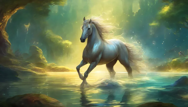 Background big stars、intergalactic、Best Quality,4K,hight resolution,masutepiece:1.2,Ultra-detailed,Realistic, kelpie, Horse and fish mix, Horse with fish tail in front of back, Shimmering scales,coming out of the water,kelpie,a mythical creature,glimmering...