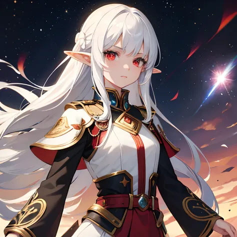 16 years old Elf girl with white hair and red eyes is galactic emperor with majestic military outfit, background of monsters.