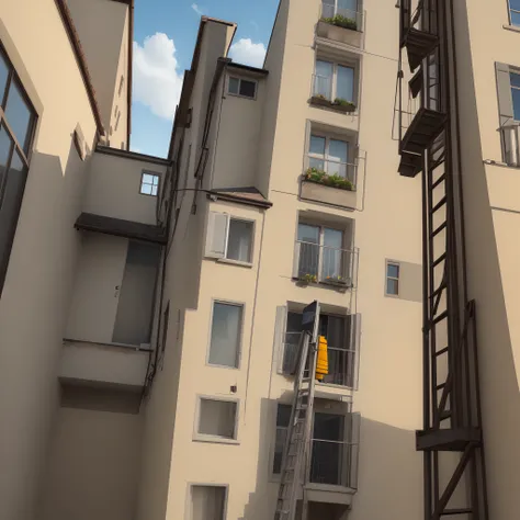 A person trespassing with a ladder on an upstairs window