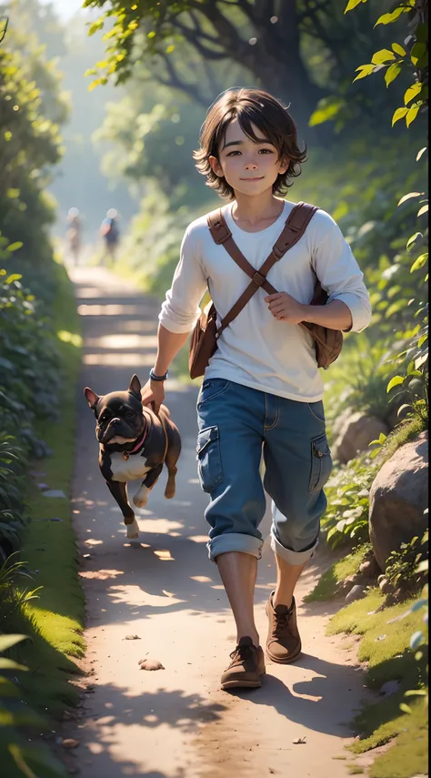 FELIZ, Cute boy with his light brown french bulldog on an adventure., cabelo curto, cabelo castanho, escalando a montanha,  brilhante, Surrealismo, Minimalismo, Pixar, UHD, 1080P, HD, 8k, pele texturizada, detalhes altos --auto --s2