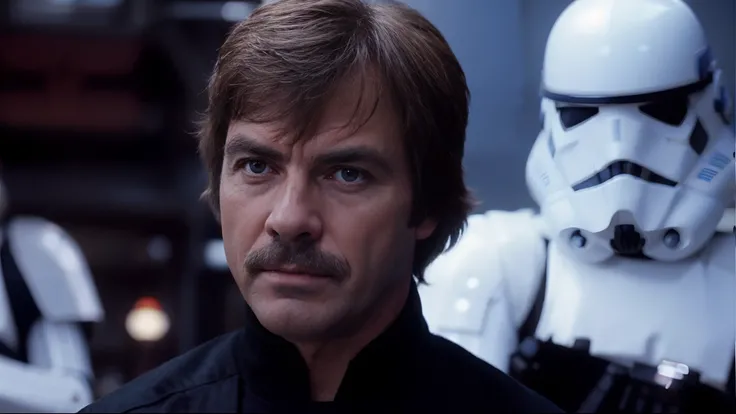 a close up of (Tom Selleck) with a storm trooper helmet on,Tom Selleck , luke skywalker, film still of luke skywalker, movie screenshot from star wars, still from star wars, in return of the jedi, still from star wars (1977), movie still from star wars, fi...