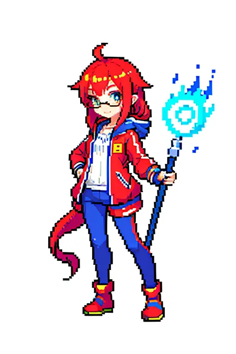 （tmasterpiece，top Quority，best qualtiy），pix，pixelart，girl，red tinted hair，teens girl，Fiery personality，full bodyesbian，Cloak，Snow boots，white stockings，track suit，Holding a magic staff，Charming，Raised sexy，long whitr hair，wears glasses，It has a refined pix...