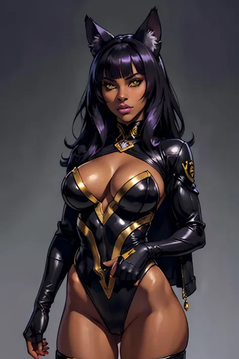 (masterpiece, best quality:1.3), highly detailed, intricate, professional art, digital art, 8K, blake belladonna, (african woman: 2.3), (dark skin: 2.8), stands while looking around, front view, huge breasts, (simple background, single color:1.15), half-bo...