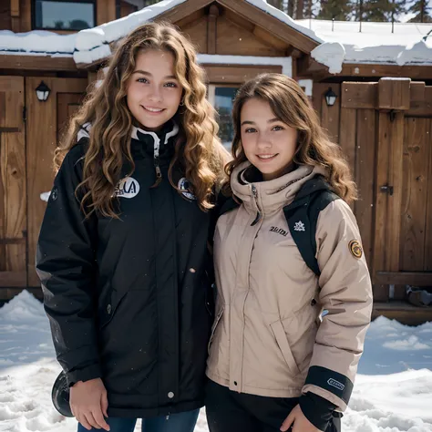 19 year old girl with dark dirty blonde curls. Holding a snowboard with a Burmese mountain dog next to her. Realistic. Oval face shape with rosy cheeks and one dimple