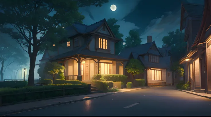 anime,anime landscape,quiet street,house,tree,street lamp,moon,(best quality,8k),vibrant colors,lush greenery,peaceful ambiance,captivating atmosphere,complex details,expressive characters,futuristic elements,surreal aesthetic,dimly lit environment,serene ...