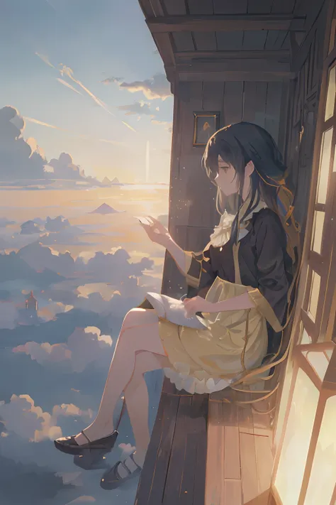 Create exquisite illustrations reminiscent of Makoto Shinkais style, It has ultra-fine details and top-notch quality. Create an illustration of a flying house gracefully enjoying the breathtaking view from above. The house, suspended in the sky, offers a p...