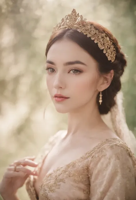 asian female (Pinkish), cara delicada, fine features, Pale skin, cejas finas, cabello largo y rizado rubio dorado, labios rojos, amber eyes, Vestido medieval rojo y dorado, Small golden tiara, dim room, sentado en la silla