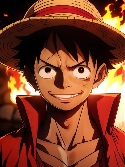 1boy, wanostyle, monkey d luffy, smiling, straw hat, looking at viewer, solo, upper body, ((masterpiece)), (best quality), (extremely detailed), depth of field, sketch, dark intense shadows, sharp focus, soft lighting, hdr, colorful, good composition, fire...