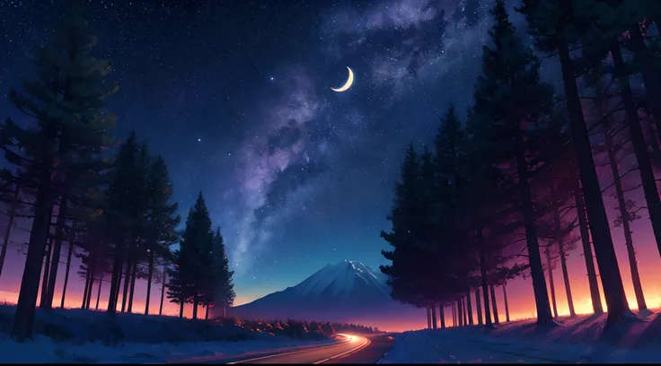 anime,anime landscape,forest road at night,crescent moon,(best quality,4k),vibrant colors,ethereal lighting,starlit sky,peaceful atmosphere,serene ambiance,enchanted scenery