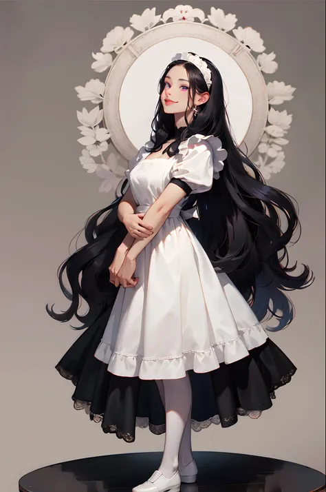 maid clothes　Long Black Hair　FULL BODYSHOT　White lace headband　White lace apron　White garter stockings　No bangs　Wavy Hair　Bangs center parting　Beautiful facial features　Frontal shot　Full-body image　8K picture quality、top-quality、masutepiece，white stockings...