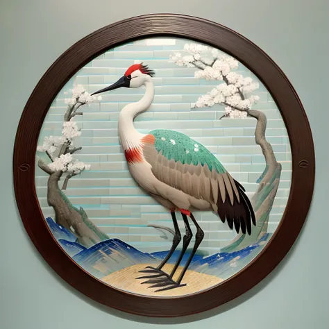 A sandhill crane on a light blue and green background，There is a cutting panel on the background, Museum of Japanese Art, Dark white and light brown, Elegant and balanced, Standard collection, Song Huizong, Song dynasty painting, a mosaic, Planar compositi...