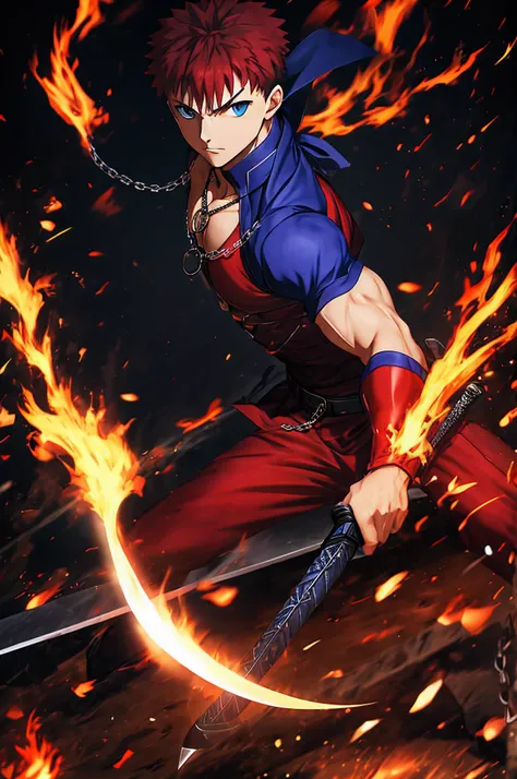 (best quality,4k,highres,masterpiece:1.2),ultra-detailed,realistic:1.37,persona,red suit,(Shirou Emiya:1.1),determined expression,piercing blue eyes,black spiky hair,(projection magic:1.1),burning flames,(Trace On:1.1),excalibur,magic circle,heroic spirit,...