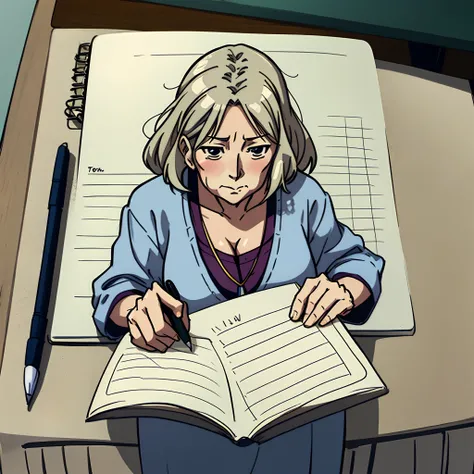 Anime-style illustration of an old woman writing on a notepad on a desk while standing