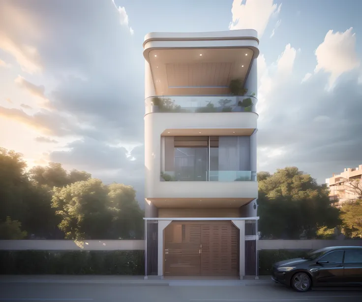 there is a tall building with a balcony and a balcony on top, wide angle exterior 2022, concept house, highly rendered!!, realistic architecture, high quality rendering, precise architectural rendering, realistic building, exterior design, very very high d...