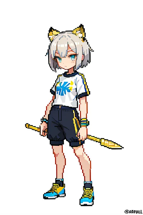 （tmasterpiece，top Quority，best qualtiy），pix，pixelart，teens girl，Gray hair，teens girl，There are cat ears，full bodyesbian，Wrapped in bandages，athletic sneakers，Bandemeanor，shorter pants，Short socks，Wear a bracelet，There are leg loops，Holding a spear in both ...