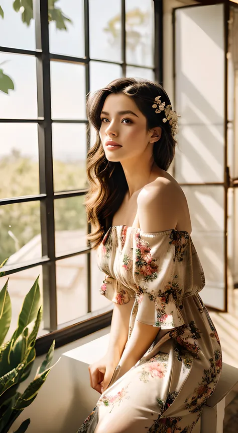 A beautiful lady dons an off-the-shoulder dress adorned with delicate florals, striking a pose reminiscent of a fashion model. She stands against a backdrop of a vintage, sunlit room, emanating timeless charm. Her gaze is confident and inviting, and the dr...