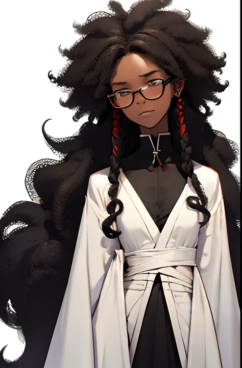 black lady. very skinny. flat body. sick. tired. worn-out. sleepy. witch doctor. small glasses. giant black curly afro. wearing white clothes.