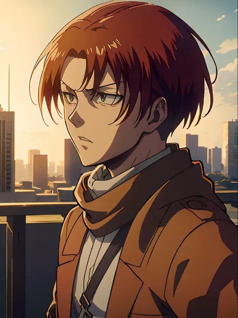 anime character with red hair and a scarf on in front of a city, portrait of eren yeager, badass anime 8 k, anime epic artwork, ...