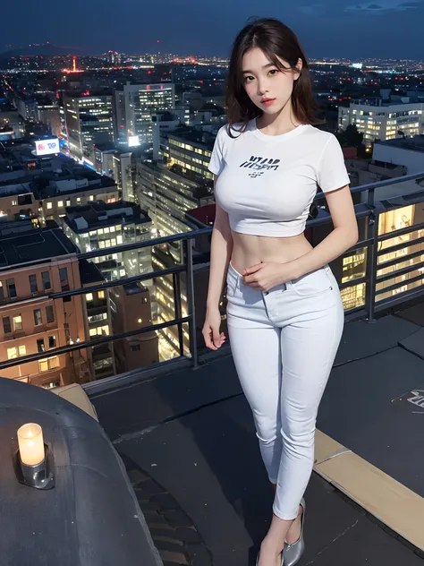 ((mid night、top-quality、8K、​masterpiece:1.3)), full body Esbian, long legged, foco nítido:1.2, Beautiful woman with perfect body shape:1.4, Slender Abs:1.1, ((dark brown  hair、Colossal tits:1.2)), (White tight t-shirt、Tight skinny jeans 、is standing:1.2), ...