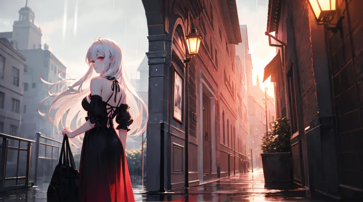 animemanga girl，White color hair，red color eyes，animemanga girl，The back of the hand is behind the body，Vampires，Gothic maxi dress，rainy evening，4K，Optimal image quality，black in color