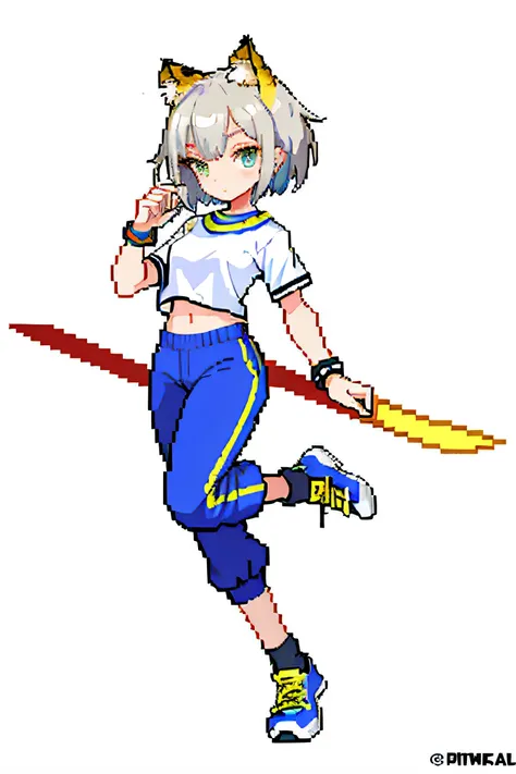 （tmasterpiece，top Quority，best qualtiy），pix，pixelart，teens girl，Gray hair，Has a furry tail，There are cat ears，full bodyesbian，There is a bandage，athletic sneakers，Bandeau top，shorter pants，Short socks，Wear a bracelet，There are leg loops，Raise spears sidewa...