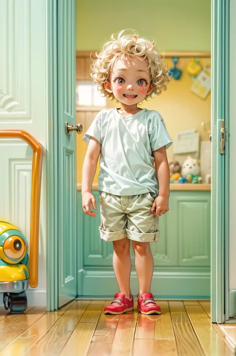 a picture of a small child standing behind a door, his face is half hidden, he smiles, evil smile, blond hair, curly hair, red e...