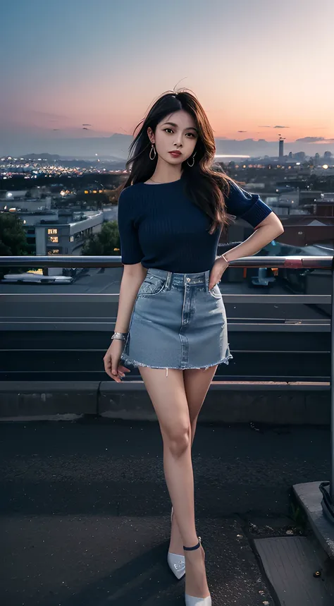 A strikingly beautiful lady dressed in a fashionable blue short denim skirt. She stands with an air of confidence in a vibrant urban setting, her attire exuding a trendy and chic vibe. Her pose is captivating, accentuating the stylish nature of the outfit....