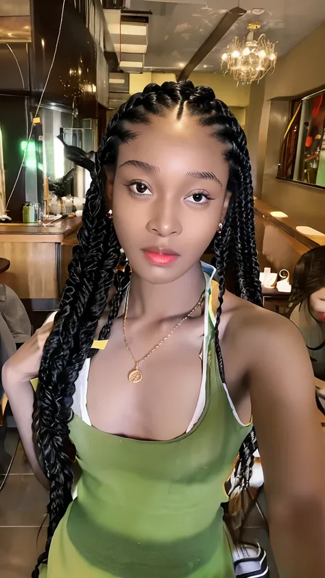 a woman with long braids standing in a restaurant, box braids, black hair in braids, long black braids, long braided hair on top of head, long braids, with black pigtails, long black braided hair, long braided black hair, girl with plaits, long cornrows, c...